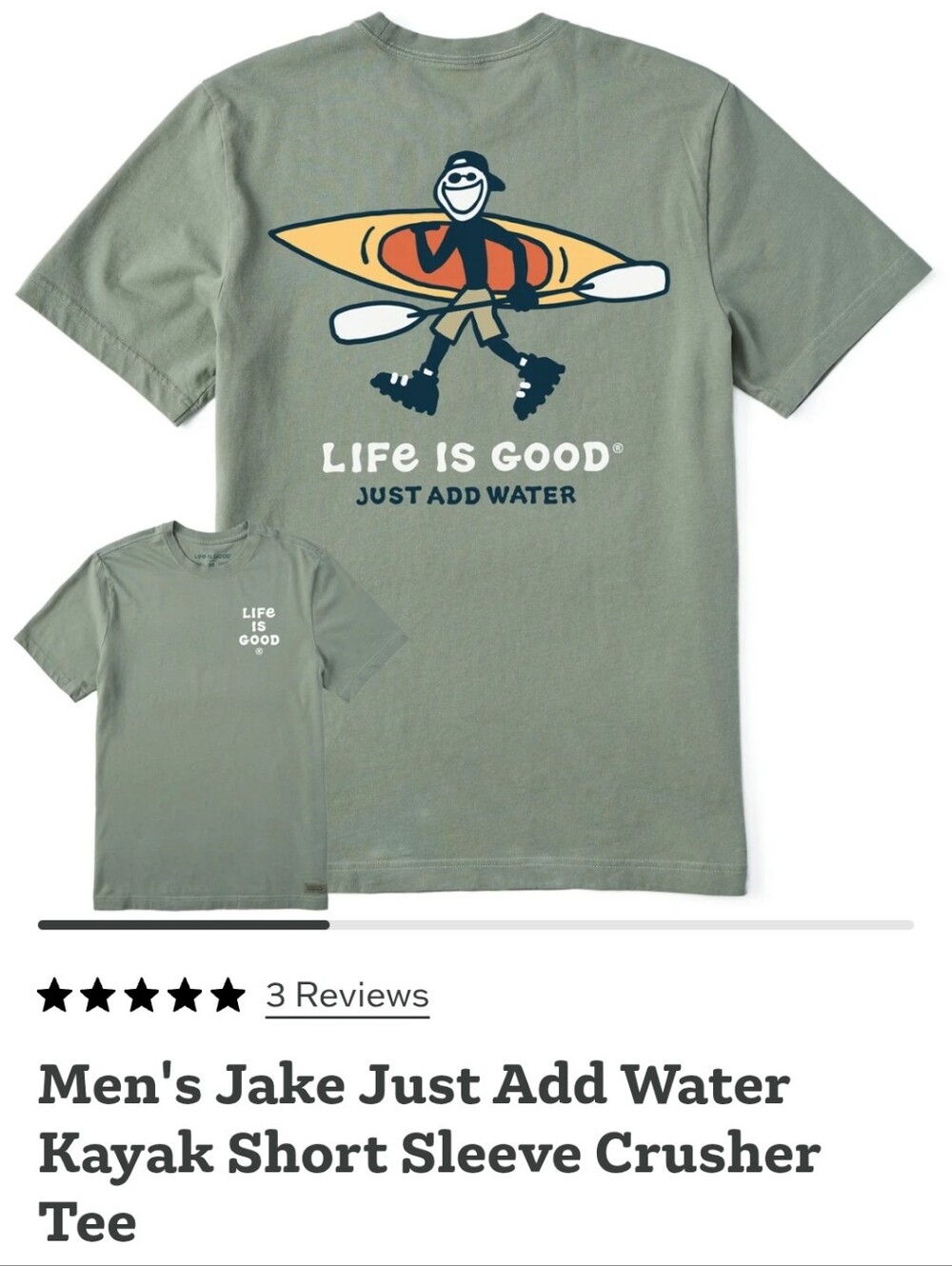 Life Is Good Men's Jake Kayak Short Sleeve Tee - Sage Green with Orange Graphic